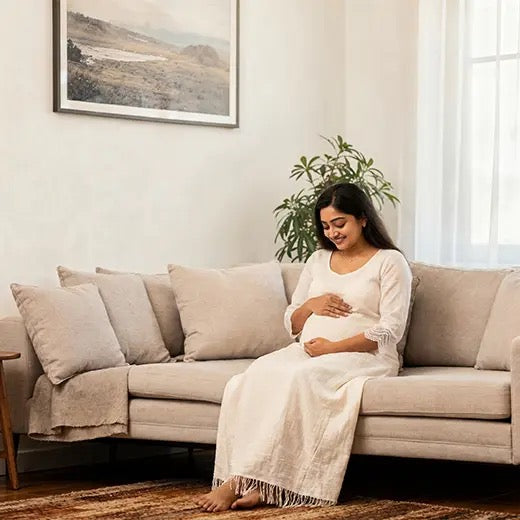 A hopeful mother-to-be in a calm home setting